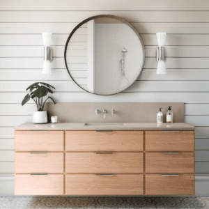 Farmhouse style bathroom with contemporary floating wood vanity