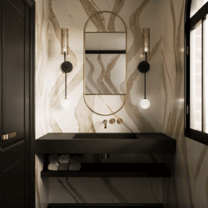 Chic powder room with granite wall and modern floating sink
