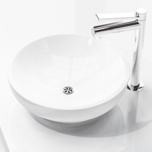 Small white vessel bathroom vanity sink with contemporary chrome faucet